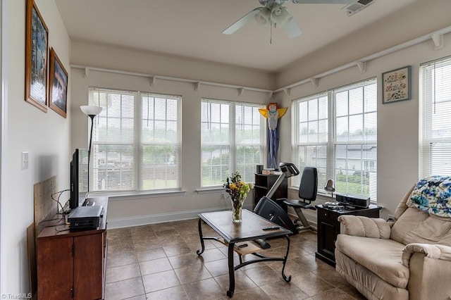 4036 Eastside Ct, Winston-Salem, NC 27127 - tiled living room with ceiling fan, an office area, and baseboards