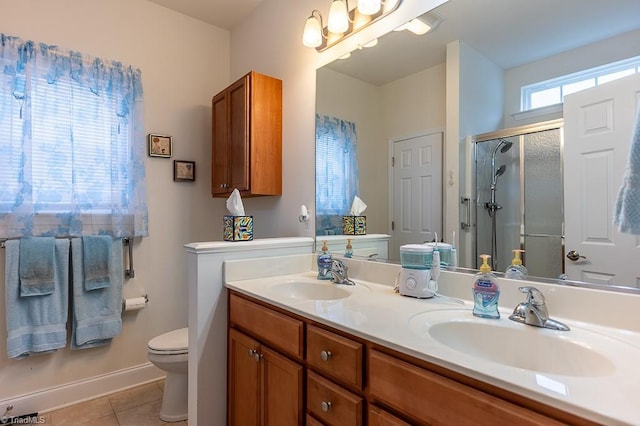 4036 Eastside Ct, Winston-Salem, NC 27127 - bathroom with tile patterned floors, double vanity, toilet, a shower stall, and baseboards