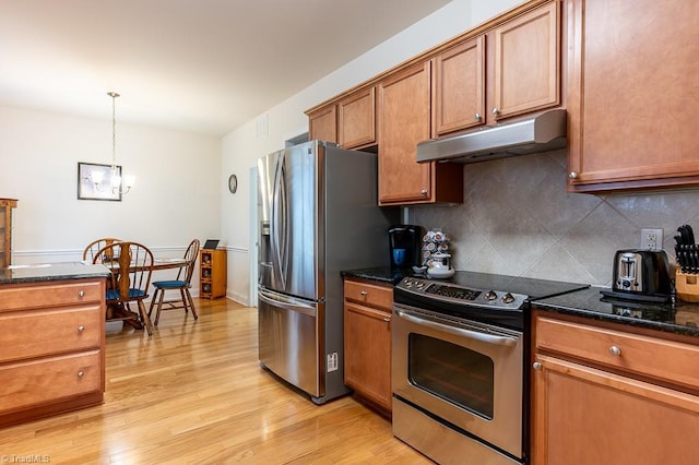 4036 Eastside Ct, Winston-Salem, NC 27127 - kitchen with under cabinet range hood, stainless steel appliances, light wood-style floors, backsplash, and a chandelier