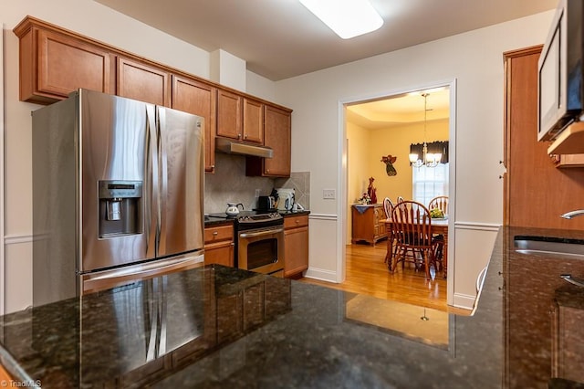 4036 Eastside Ct, Winston-Salem, NC 27127 - kitchen featuring stainless steel appliances, a sink, under cabinet range hood, brown cabinetry, and wood finished floors