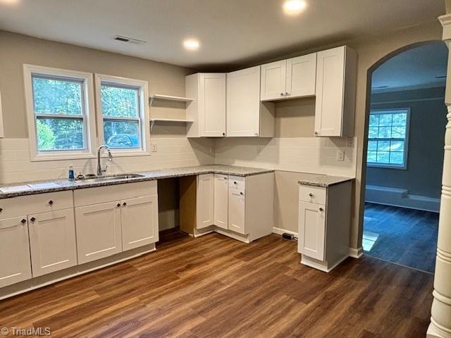 kitchen featuring sink, plenty of natural light, dark hardwood / wood-style floors, and white cabinets