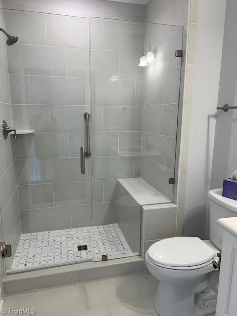 375 Hollybrook Dr, Bermuda Run, NC 27006 - bathroom with a stall shower, vanity, and tile patterned flooring