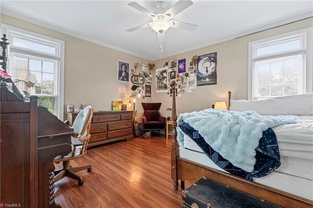 3401 Lochurst Ct, Pfafftown, NC 27040 - bedroom featuring wood finished floors, multiple windows, ornamental molding, and a ceiling fan