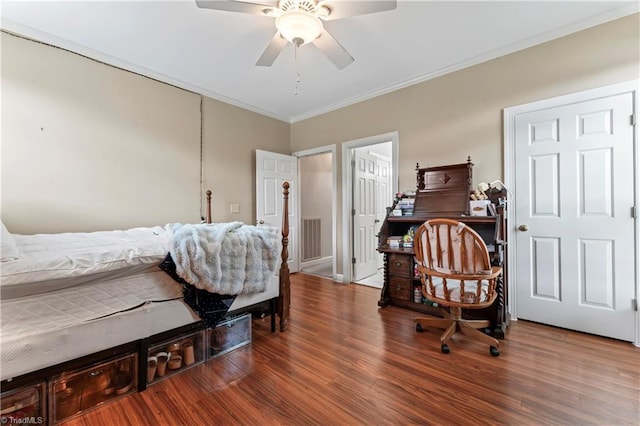 3401 Lochurst Ct, Pfafftown, NC 27040 - bedroom with ornamental molding, wood finished floors, and a ceiling fan