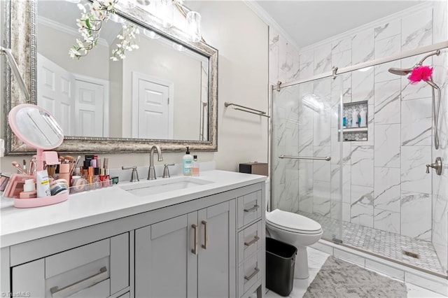 3401 Lochurst Ct, Pfafftown, NC 27040 - full bath featuring crown molding, a marble finish shower, toilet, vanity, and a chandelier