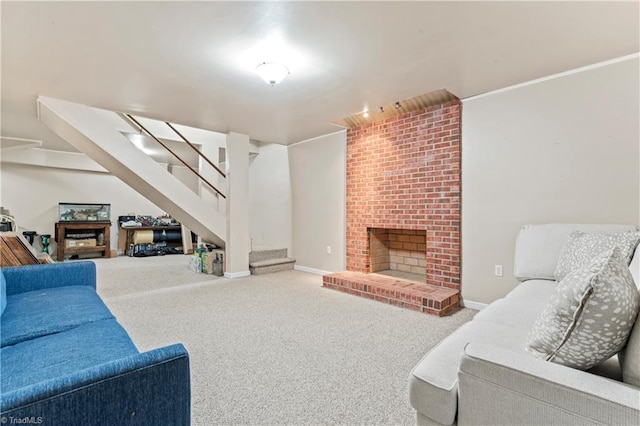 3401 Lochurst Ct, Pfafftown, NC 27040 - carpeted living area with a fireplace, stairway, and baseboards