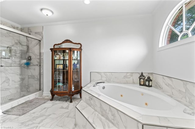 3401 Lochurst Ct, Pfafftown, NC 27040 - full bath with marble finish flooring, a marble finish shower, a whirlpool tub, and ornamental molding