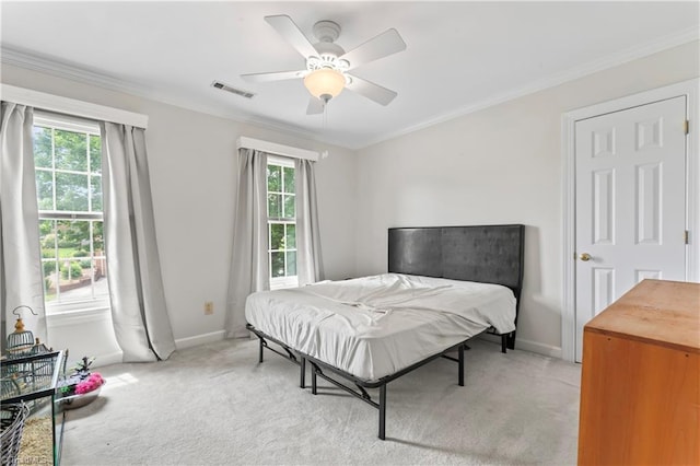 3401 Lochurst Ct, Pfafftown, NC 27040 - bedroom featuring light colored carpet, baseboards, ornamental molding, and a ceiling fan