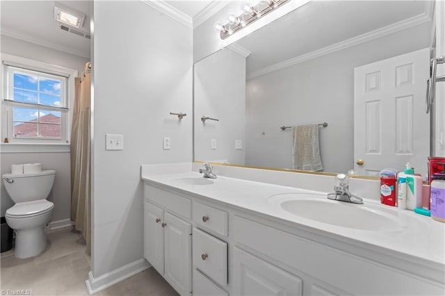 3401 Lochurst Ct, Pfafftown, NC 27040 - bathroom with double vanity, toilet, baseboards, and ornamental molding