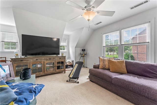 3401 Lochurst Ct, Pfafftown, NC 27040 - living area featuring ceiling fan, healthy amount of natural light, carpet flooring, baseboards, and lofted ceiling