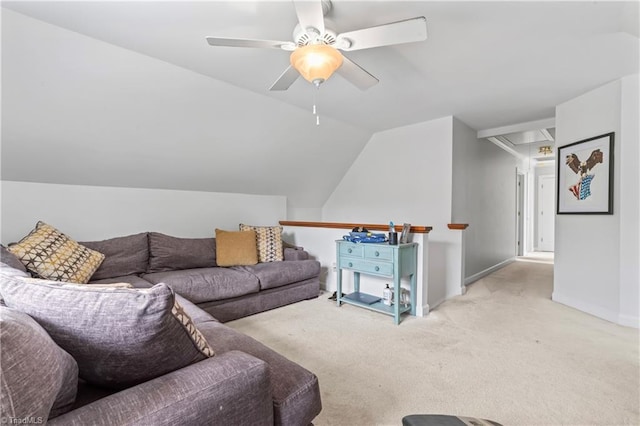 3401 Lochurst Ct, Pfafftown, NC 27040 - carpeted living room with ceiling fan, lofted ceiling, and baseboards