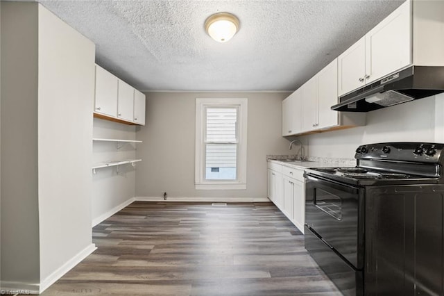 kitchen with a textured ceiling, white cabinets, electric range, sink, and dark hardwood / wood-style floors