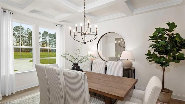 dining space featuring beam ceiling, coffered ceiling, light hardwood / wood-style flooring, a notable chandelier, and crown molding