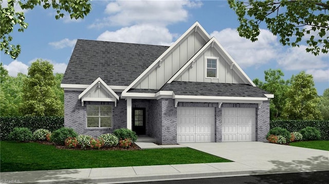 view of front of house featuring brick siding, a shingled roof, concrete driveway, board and batten siding, and a front yard