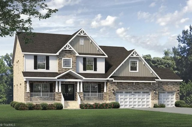 craftsman house featuring a front lawn, a garage, and covered porch