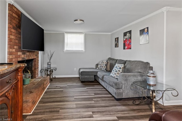 100 Monroe Dr, Lexington, NC 27295 - living room featuring baseboards, ornamental molding, a brick fireplace, and dark wood-style floors