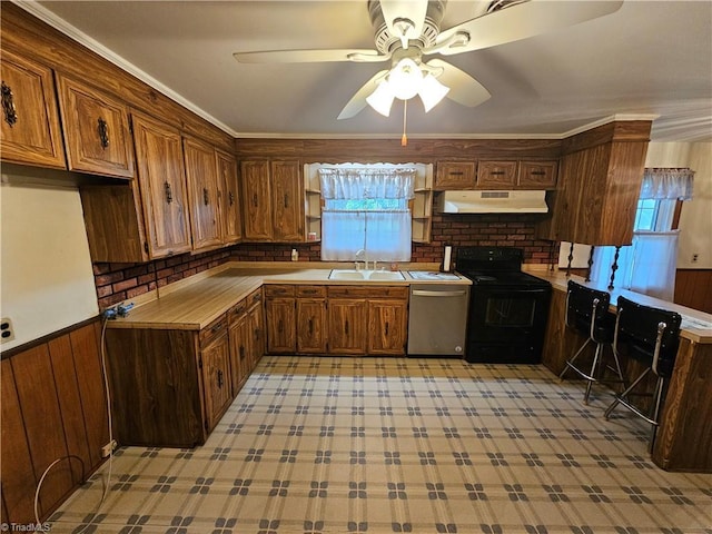 4875 Follansbee Rd, Winston-Salem, NC 27127 - kitchen featuring stainless steel dishwasher, under cabinet range hood, black electric range oven, a sink, and a ceiling fan
