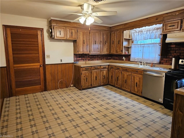4875 Follansbee Rd, Winston-Salem, NC 27127 - kitchen featuring dishwasher, a sink, a wainscoted wall, black electric range, and ceiling fan
