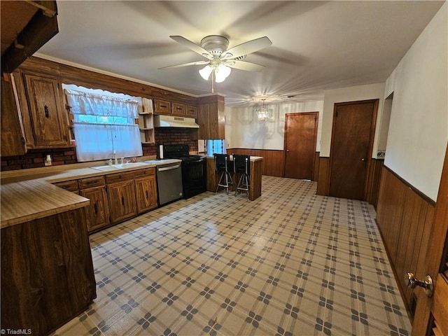 4875 Follansbee Rd, Winston-Salem, NC 27127 - kitchen with under cabinet range hood, electric range, dishwasher, wainscoting, and a sink
