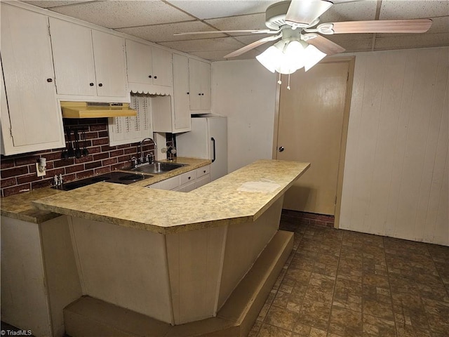 4875 Follansbee Rd, Winston-Salem, NC 27127 - kitchen with a sink, freestanding refrigerator, under cabinet range hood, black electric cooktop, and backsplash