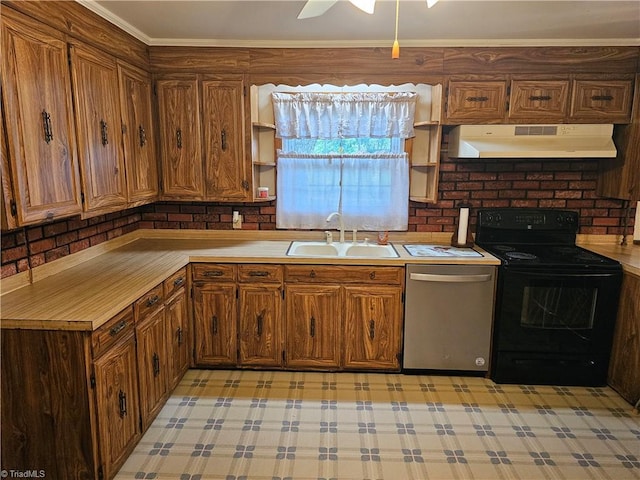4875 Follansbee Rd, Winston-Salem, NC 27127 - kitchen featuring black range with electric stovetop, under cabinet range hood, dishwasher, a sink, and open shelves