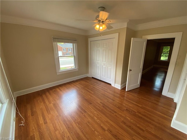 interior space with crown molding, dark hardwood / wood-style flooring, ceiling fan, and a closet