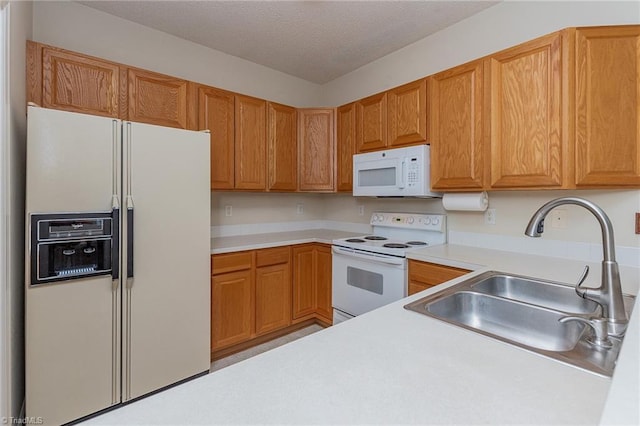 kitchen featuring light countertops, brown cabinetry, white appliances, a textured ceiling, and a sink