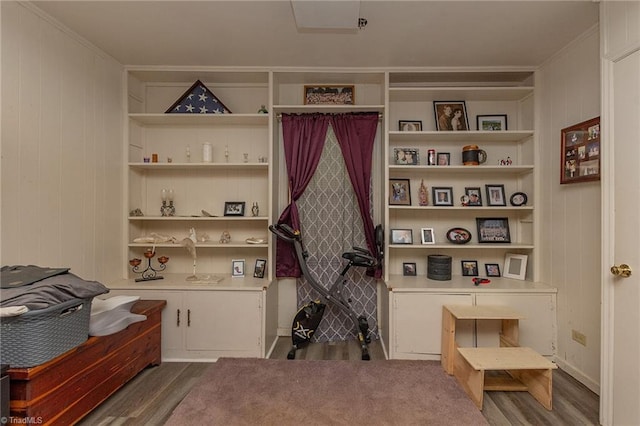 704 Summit Rd, High Point, NC 27265 - interior space featuring wood finished floors, built in features, ornamental molding, and wooden walls
