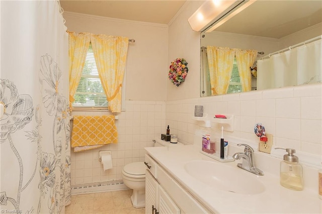 704 Summit Rd, High Point, NC 27265 - full bath with vanity, tile walls, curtained shower, crown molding, and tile patterned flooring
