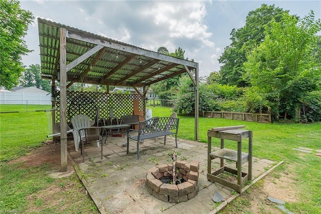 704 Summit Rd, High Point, NC 27265 - fenced backyard featuring an outdoor fire pit, a patio, and a gazebo