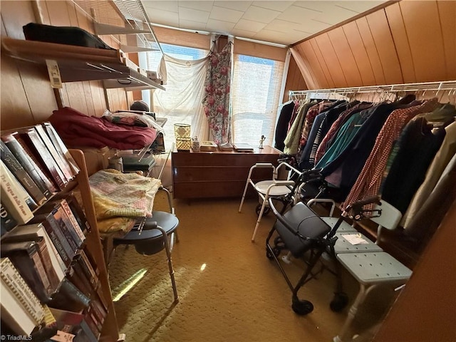 interior space featuring carpet flooring and vaulted ceiling