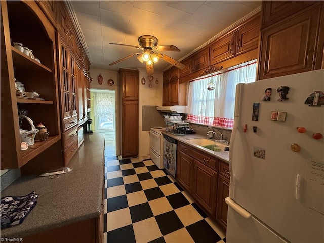 kitchen with sink, ornamental molding, ceiling fan, and white fridge