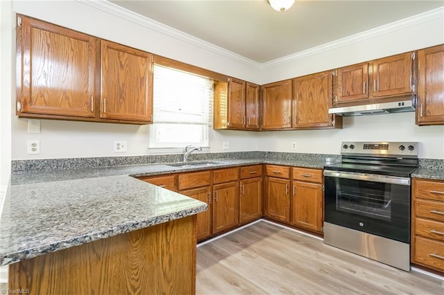 kitchen featuring under cabinet range hood, electric stove, a sink, and brown cabinetry
