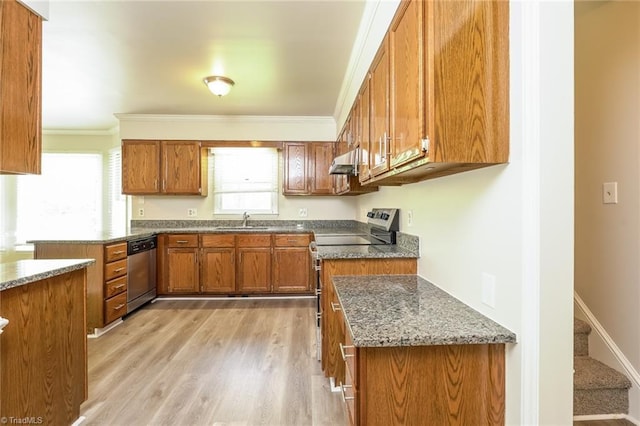 kitchen featuring crown molding, under cabinet range hood, brown cabinets, appliances with stainless steel finishes, and a sink
