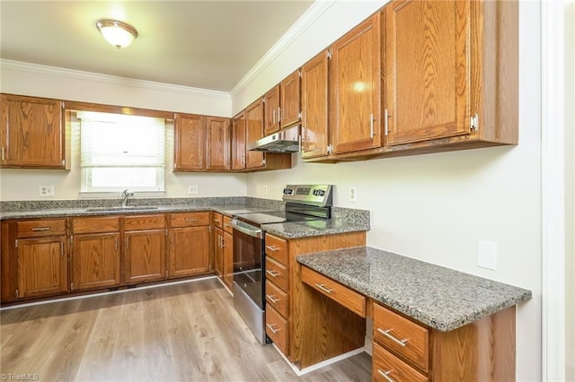 kitchen with light wood-type flooring, under cabinet range hood, crown molding, brown cabinetry, and stainless steel electric range