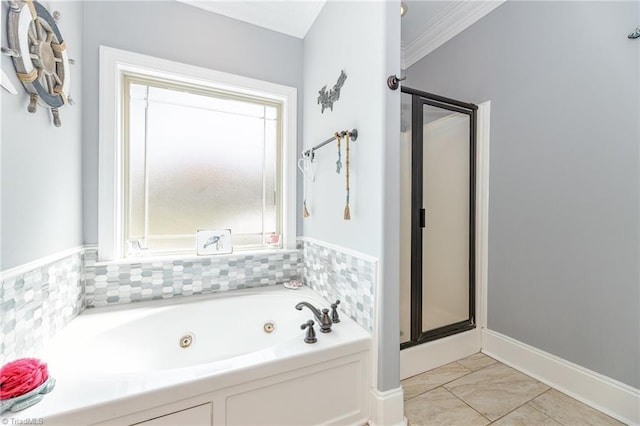 bathroom with a jetted tub, ornamental molding, a stall shower, and marble finish floor