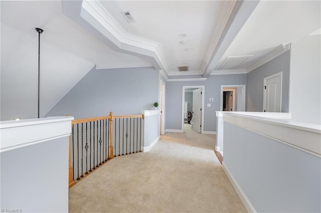 hallway with crown molding, light carpet, baseboards, an upstairs landing, and visible vents