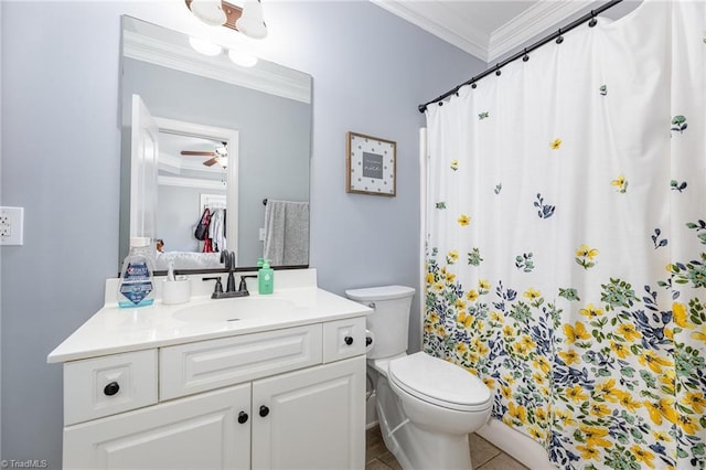 bathroom featuring a ceiling fan, crown molding, vanity, toilet, and a shower with shower curtain