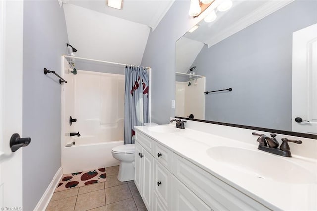 bathroom featuring double vanity, a sink, shower / tub combo with curtain, and toilet