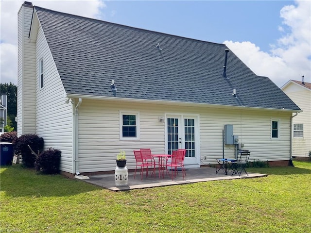 2065 Ardmore Village Ln, Winston-Salem, NC 27127 - back of house featuring roof with shingles, a patio area, french doors, a yard, and a chimney