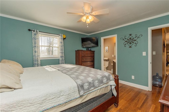 bedroom featuring baseboards, wood finished floors, a ceiling fan, and ornamental molding