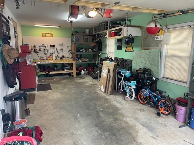 garage with a workshop area