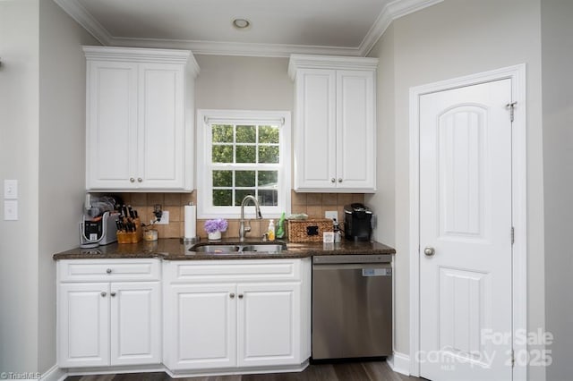 126 Strand Dr, New London, NC 28127 - kitchen with dishwasher, a sink, decorative backsplash, white cabinets, and ornamental molding
