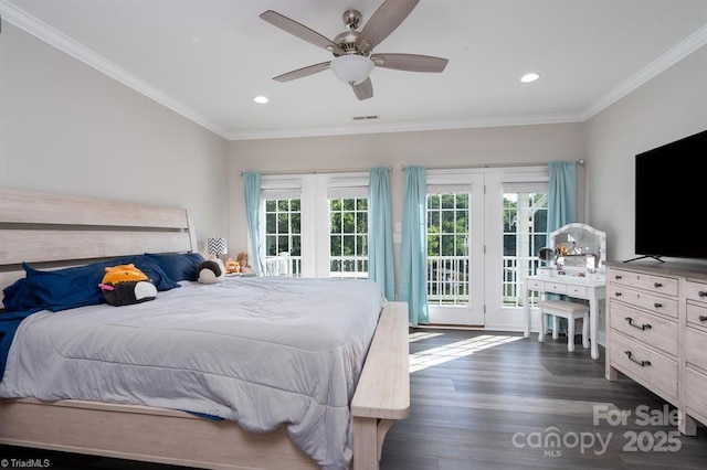 126 Strand Dr, New London, NC 28127 - bedroom featuring access to exterior, wood finished floors, recessed lighting, ornamental molding, and a ceiling fan