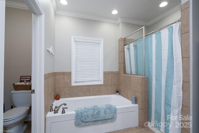 126 Strand Dr, New London, NC 28127 - full bath featuring toilet, a bath, ornamental molding, a shower with shower curtain, and recessed lighting