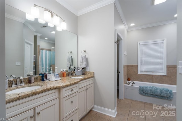 126 Strand Dr, New London, NC 28127 - bathroom featuring tile patterned floors, double vanity, a bath, a shower with shower curtain, and ornamental molding