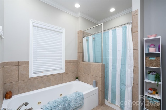 126 Strand Dr, New London, NC 28127 - full bath with a whirlpool tub, crown molding, a shower with curtain, and recessed lighting