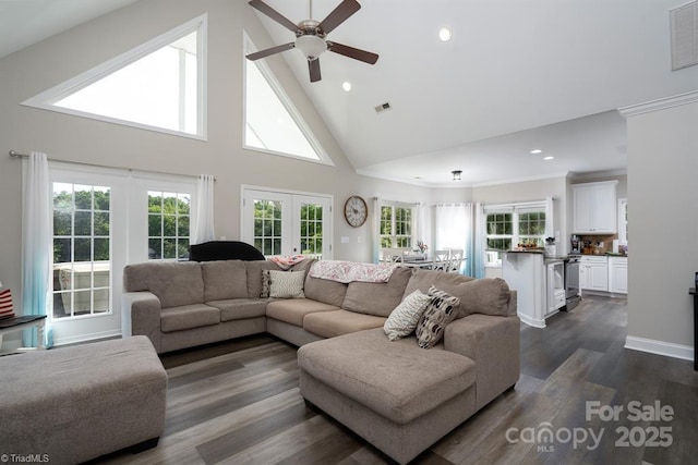 126 Strand Dr, New London, NC 28127 - living room featuring french doors, ceiling fan, dark wood-style flooring, high vaulted ceiling, and recessed lighting
