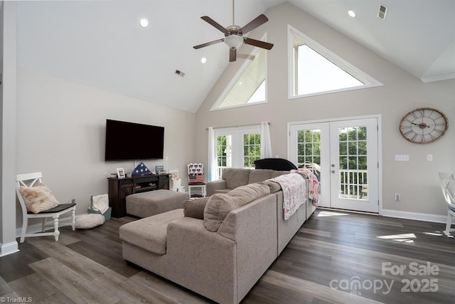 126 Strand Dr, New London, NC 28127 - living area with french doors, high vaulted ceiling, ceiling fan, baseboards, and dark wood-style floors