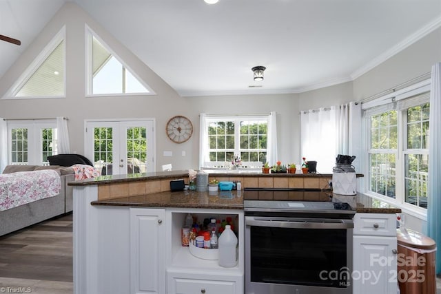 126 Strand Dr, New London, NC 28127 - kitchen featuring stainless steel electric stove, french doors, plenty of natural light, white cabinetry, and crown molding